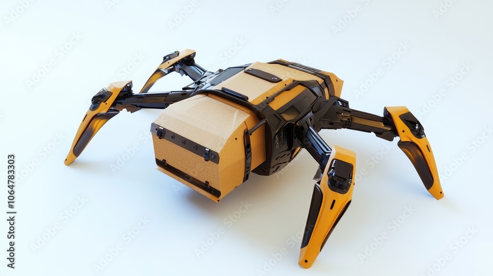 Fototapeta premium High-tech drone equipped for delivery, transporting a brown box on a white background, representing efficient logistics