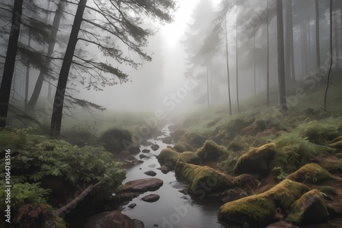 A  sunlight foggy scene with nature in the background