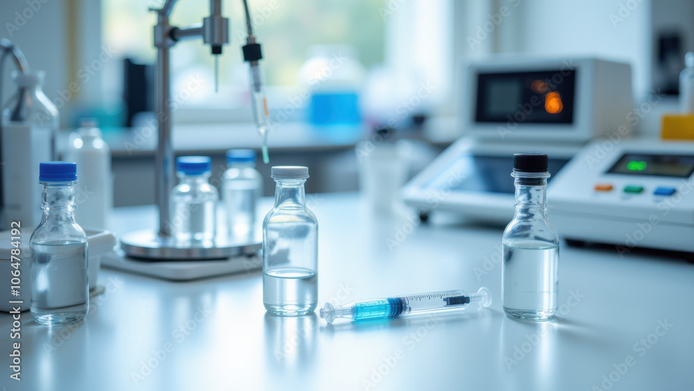 Laboratory setting with essential research tools, including test tubes and a microscope. Laboratory setting with essential research tools, including test tubes and a microscope.