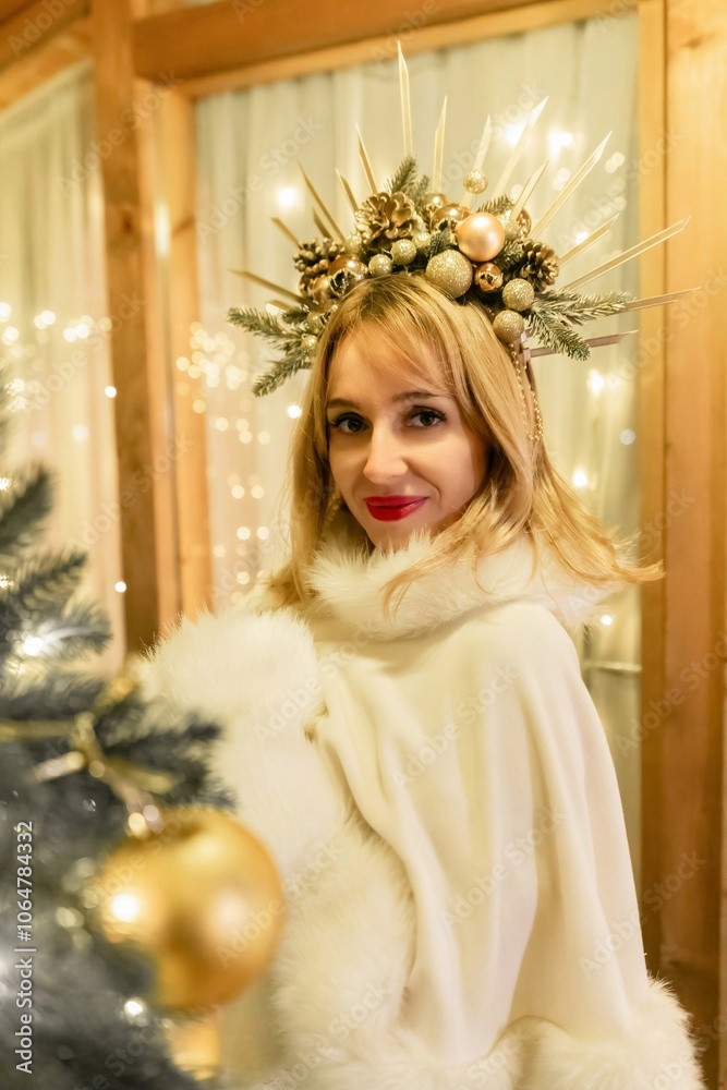 Woman, Christmas, Crown - Portrait of a woman in a white coat wearing a festive crown with Christmas lights in the background. Woman, Christmas, Crown - Portrait of a woman in a white coat wearing a festive crown with Christmas lights in the background.