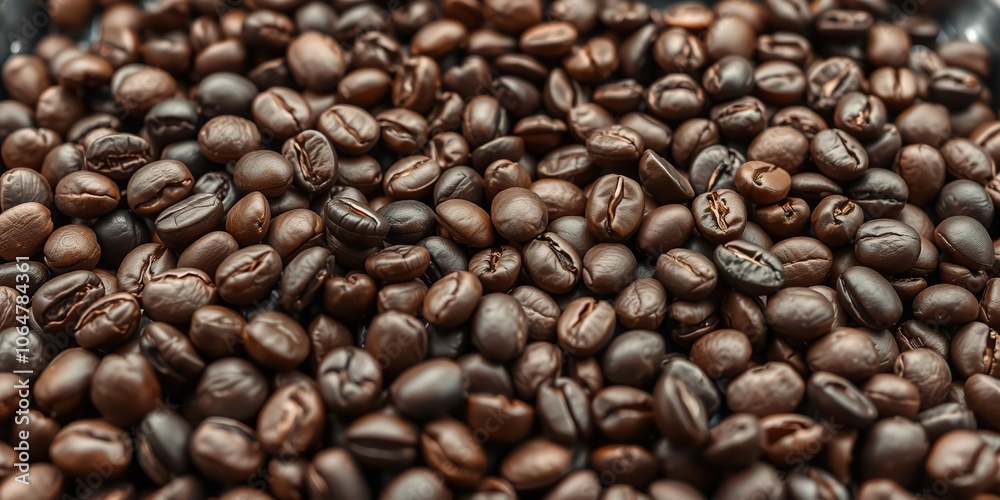 Fototapeta premium Closeup of roasted coffee beans on a tray, detail, meal, wholesome