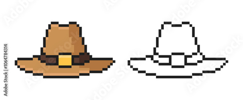 Cowboy and Sheriff Hat in Pixel Style. Retro vector illustration