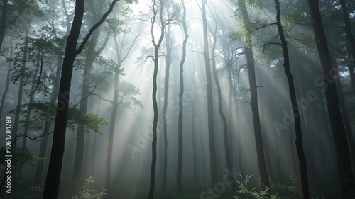 The forest is shrouded in a misty veil, with the sunlight filtering through the trees in dappled patterns, forest wildlife, tree bark