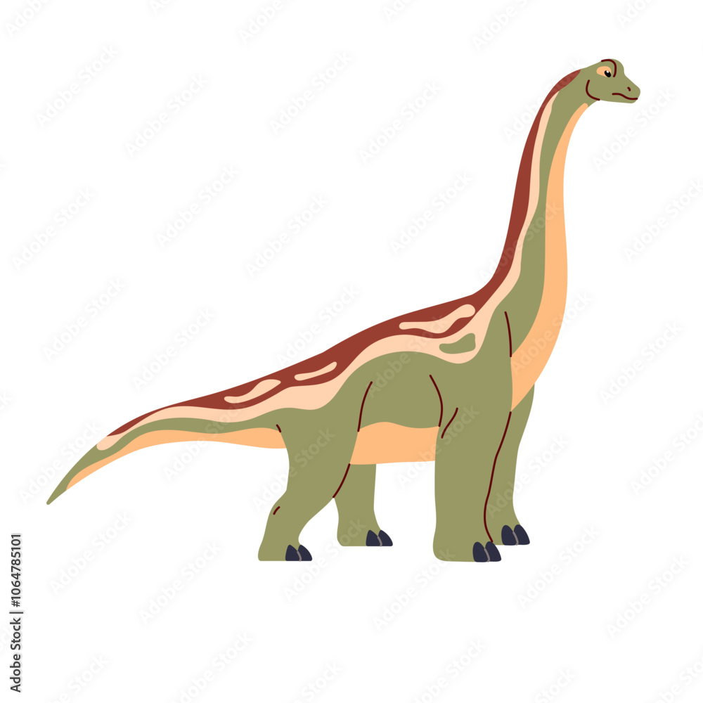 Brachiosaurus. Huge dinosaur with long neck. Herbivorous dino, ancient reptile with patterned skin. Giant animal of Jurassic era. Paleontology. Flat isolated vector illustration on white background Brachiosaurus. Huge dinosaur with long neck. Herbivorous dino, ancient reptile with patterned skin. Giant animal of Jurassic era. Paleontology. Flat isolated vector illustration on white background