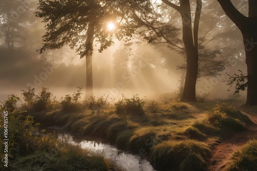 A  sunlight foggy scene with nature in the background