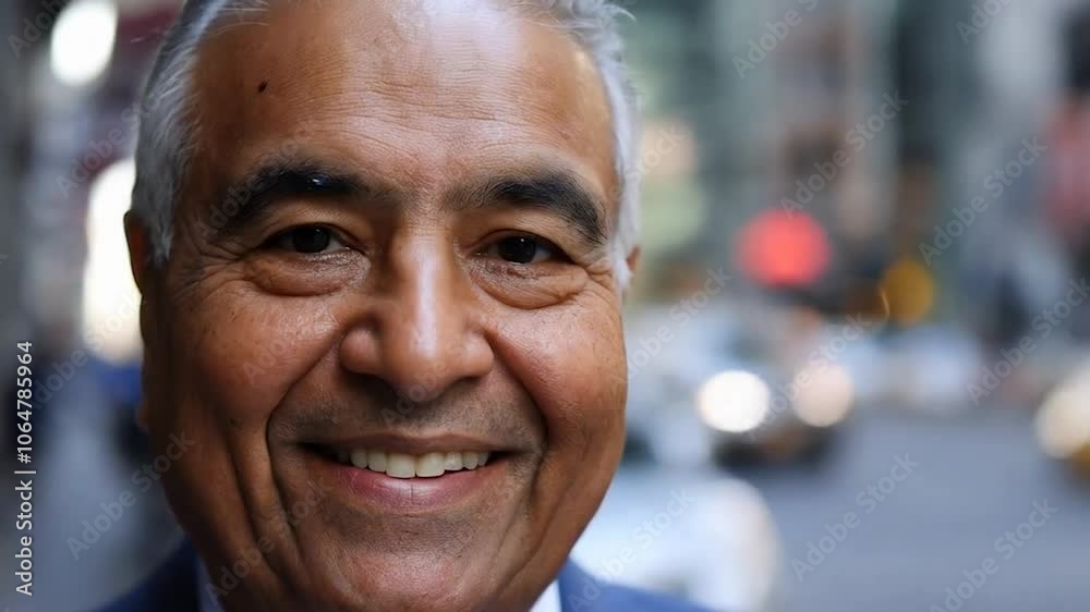 Mature hispanic senior business man standing on busy city street. Headshot close up portrait of Indian or latin confident good looking middle age male entrepreneur businessman happy smiling at camera. Mature hispanic senior business man standing on busy city street. Headshot close up portrait of Indian or latin confident good looking middle age male entrepreneur businessman happy smiling at camera.