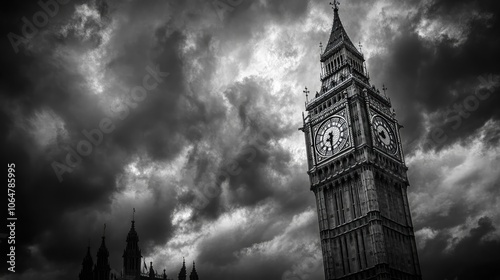 A dramatic black and white image of Big Ben with stormy clouds above.