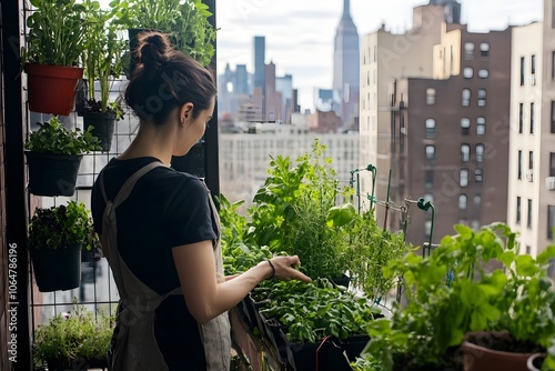 A person tending to a small herb and vegetable garden on a balcony, with hanging planters and a scenic urban backdrop