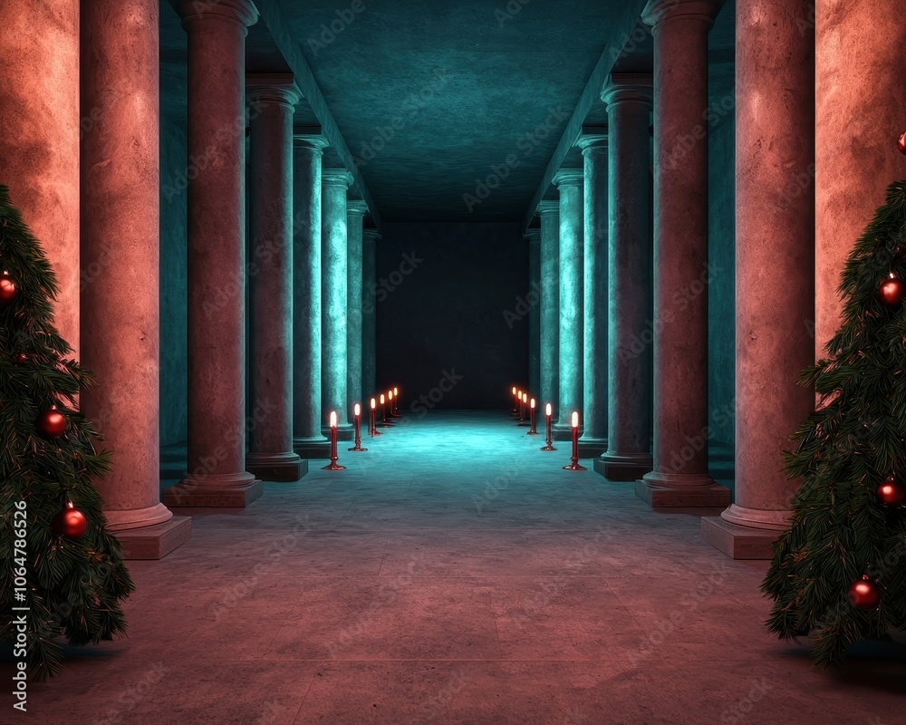 Fototapeta premium Festive Christmas Tree Illuminated Hallway with Stone Columns and Candles