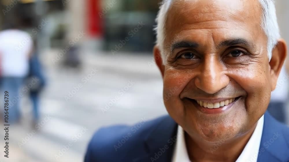 Mature hispanic senior business man standing on busy city street. Headshot close up portrait of Indian or latin confident good looking middle age male entrepreneur businessman happy smiling at camera. Mature hispanic senior business man standing on busy city street. Headshot close up portrait of Indian or latin confident good looking middle age male entrepreneur businessman happy smiling at camera.