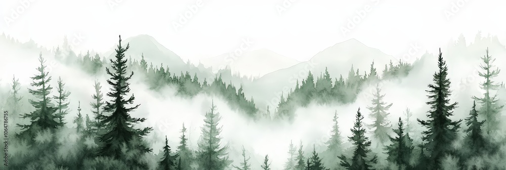 Fototapeta premium Watercolor green landscape of foggy forest hill. Evergreen coniferous trees. Wild nature, frozen, misty, taiga. Horizontal watercolor background.Hand painted watercolor illustration of misty forest