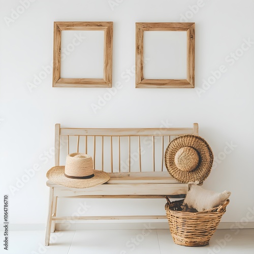 Wooden bench with straw hats and empty frames against white wall