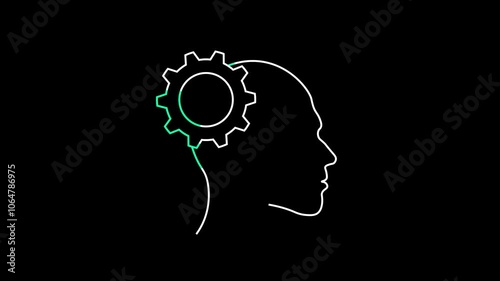 Human Mind With Gear Creative Concept. Design animated Outline of Cogwheel with Human Head Shape in black background.