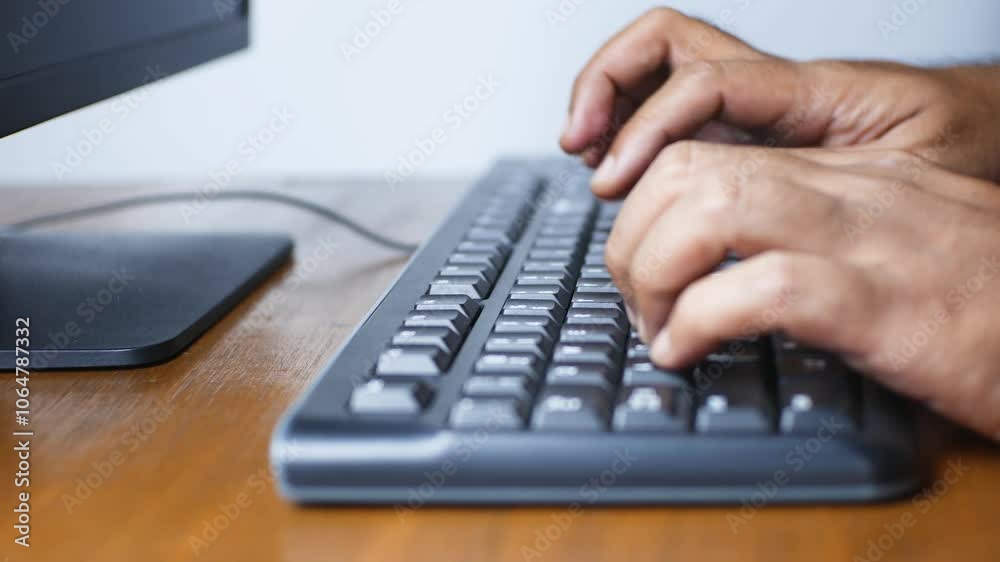 Close Up Two Hand Typing on Keyboard Personal Computer with Monitor on Wooden Desk Close Up Two Hand Typing on Keyboard Personal Computer with Monitor on Wooden Desk