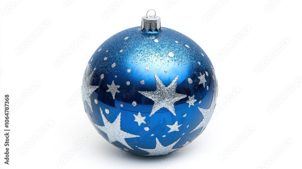 Shiny blue Christmas ball with silver star patterns, perfect for a holiday theme isolated on white Shiny blue Christmas ball with silver star patterns, perfect for a holiday theme isolated on white