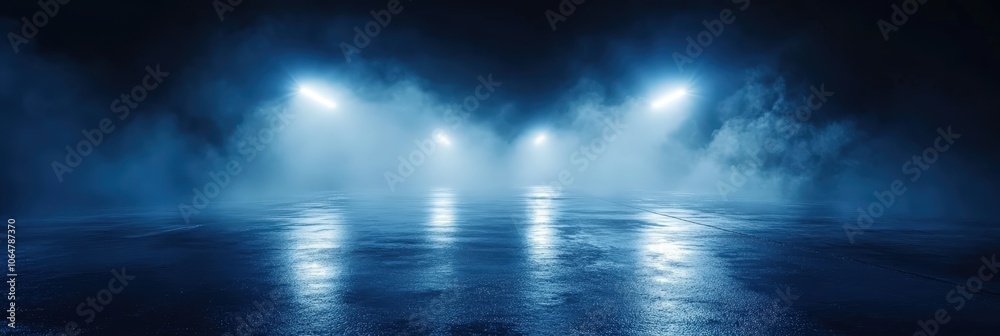 Fototapeta premium Wet asphalt, reflection of neon lights, a searchlight, smoke. Abstract light in a dark empty street with smoke, smog. Dark background scene of empty street, night view, night city.