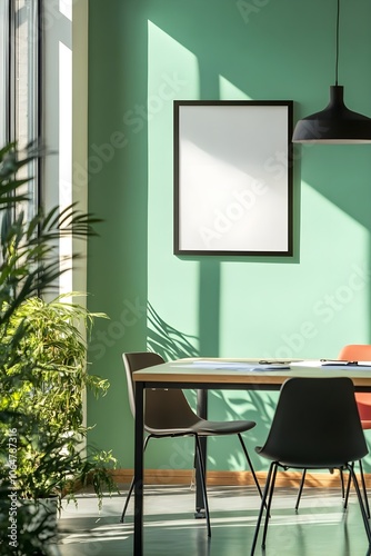 A picture frame on a bright, modern wall in a conference room, with chairs, a conference table, and presentation materials nearby