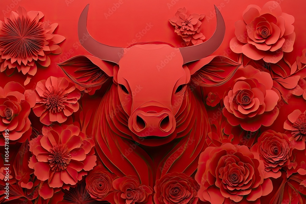 Chinese new year 2025 year of the ox , red paper cut ox character,flower and asian elements with craft style on background copy-space with generative ai Chinese new year 2025 year of the ox , red paper cut ox character,flower and asian elements with craft style on background copy-space with generative ai