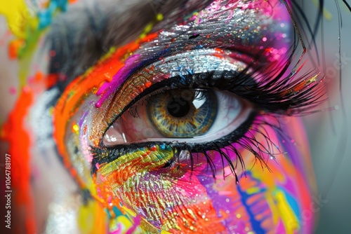 Closeup of a womans eye with vibrant, colorful makeup