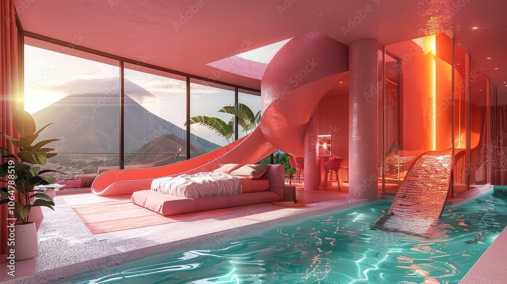 A modern bedroom with an indoor swimming pool and water slide, pink ...