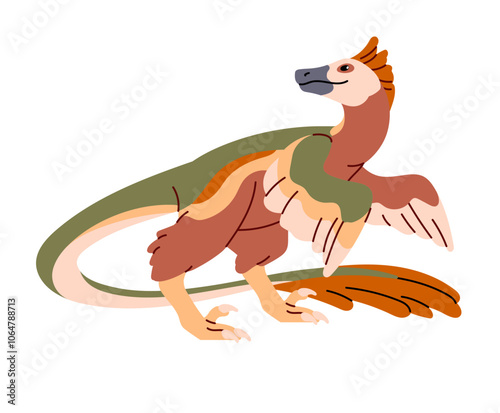 Jurassic dinosaur with feather. Flying dino. Colourful Velociraptor. Prehistoric carnivorous animal. Ancient reptile with wings. Paleontology. Flat isolated vector illustration on white background