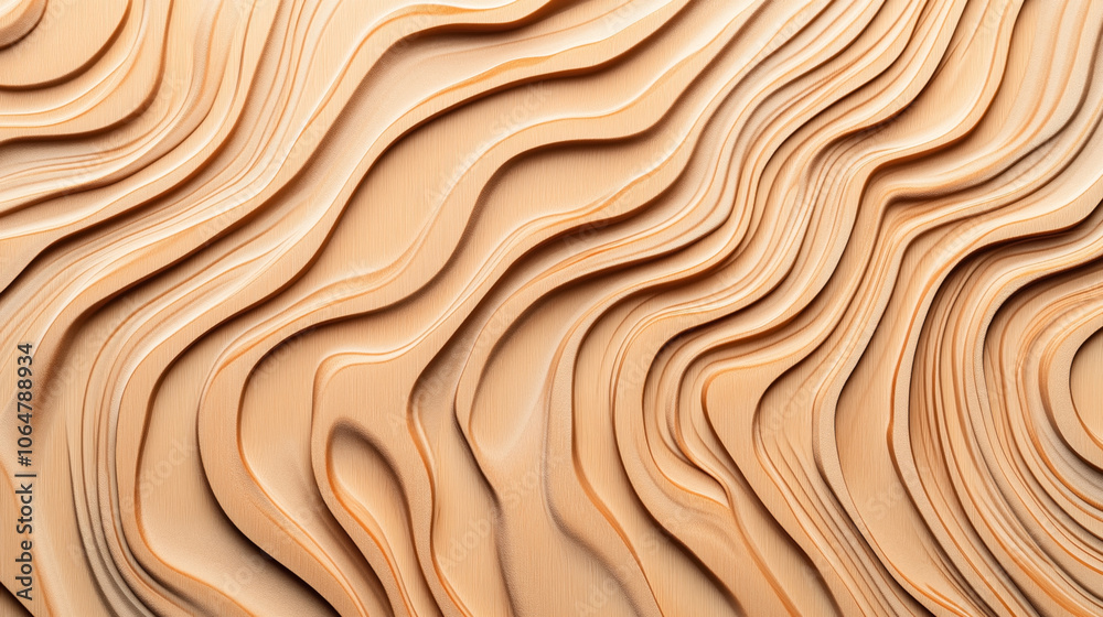 Abstract wooden texture background with layered wavy patterns creating an illusion of depth and movement, designed in warm beige tones for artistic and decorative purposes.