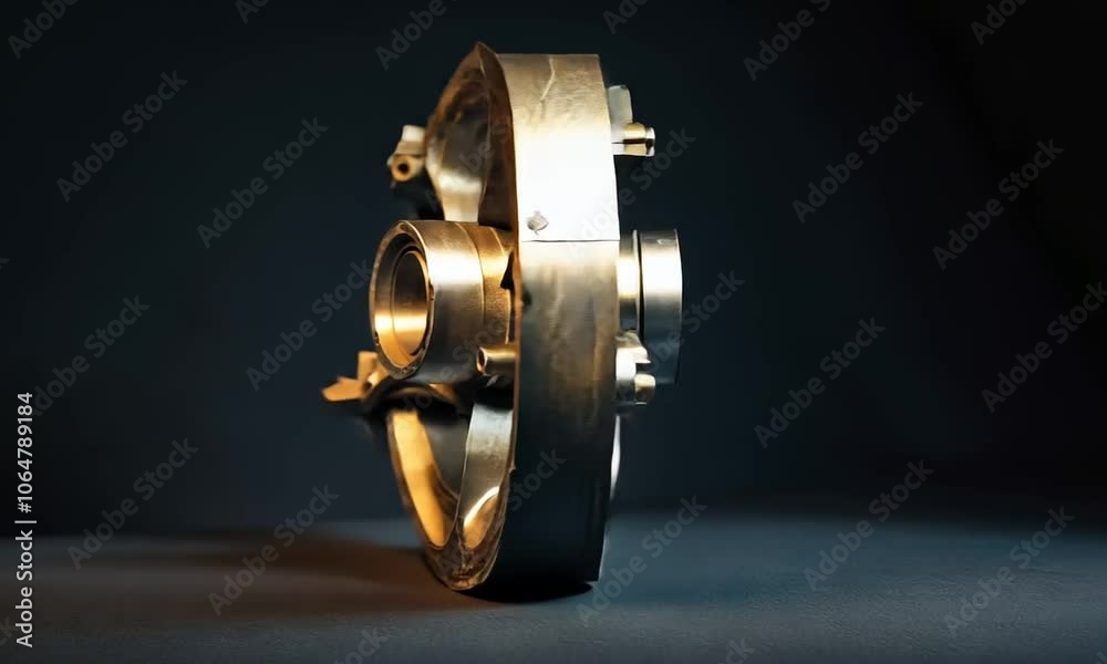 A metallic turbine component showcasing intricate engineering and design. A metallic turbine component showcasing intricate engineering and design.
