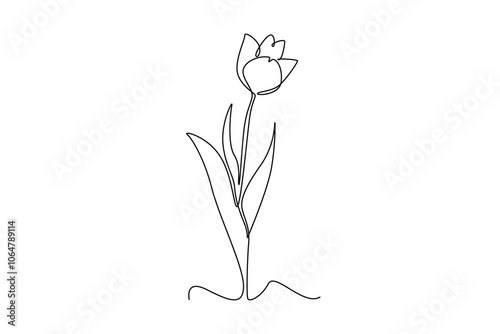 Continuous one line drawing beautiful fresh tulip flower plant. Tropical floral style, love romantic concept for poster, wall decoration ornament. Single line draw design vector graphic illustration