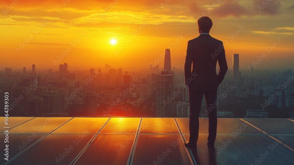 Businessman standing on city rooftop observing inspiring orange sunset over the skyline with solar panels in the foreground Businessman standing on city rooftop observing inspiring orange sunset over the skyline with solar panels in the foreground