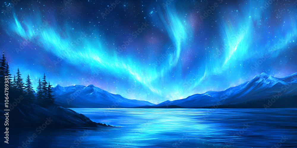 Fototapeta premium Northern Lights Over a Tranquil Lake and Mountains