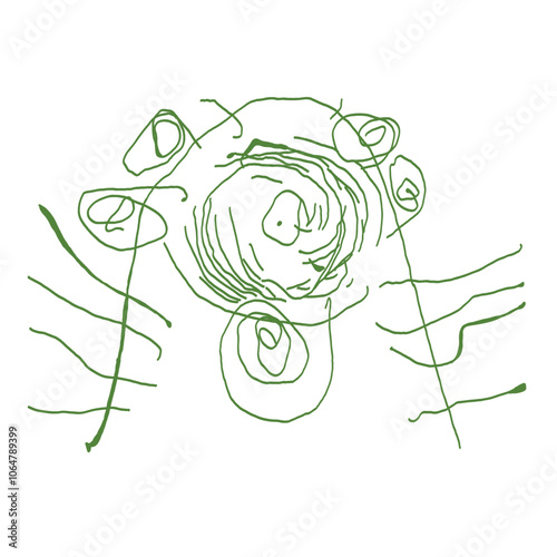 Cute green alien monster in sketch style. Childish primitive drawing. Scary art. Picture painted by a kid. A poster on the wall. Pencil or marker portrait