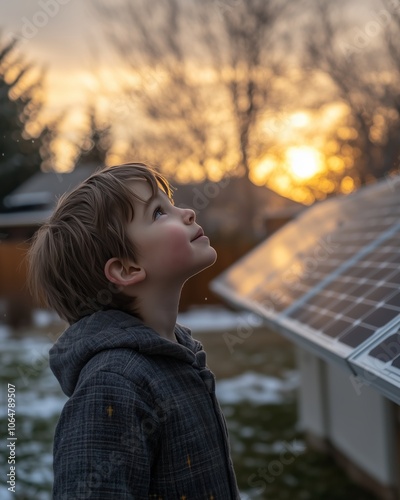 Child looking up at solar panels with wonder, suburban home in the background, soft morning light