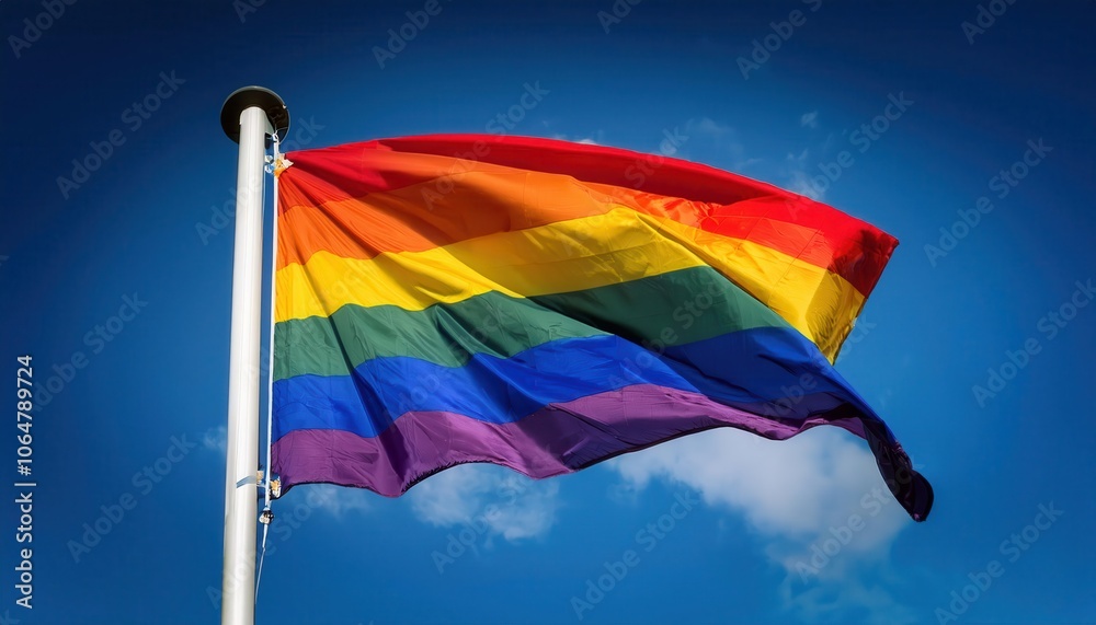 Vibrant LGBTQ+ Pride Rainbow Flag Waving Against Blue Sky Symbolizing Diversity, Inclusion, and Equality, Perfect for Representation in LGBT Awareness, Rights, and Community Support Campaigns Vibrant LGBTQ+ Pride Rainbow Flag Waving Against Blue Sky Symbolizing Diversity, Inclusion, and Equality, Perfect for Representation in LGBT Awareness, Rights, and Community Support Campaigns