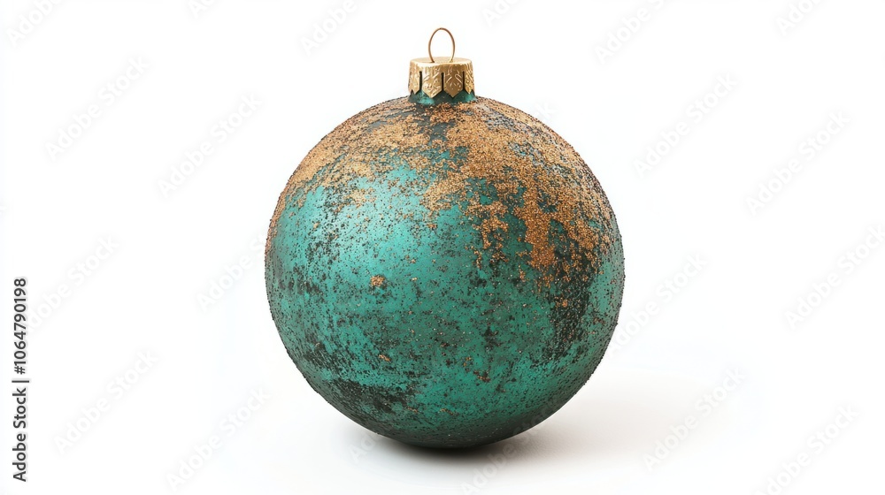 Textured green Christmas ball with a subtle golden shimmer, isolated on white for a festive touch Textured green Christmas ball with a subtle golden shimmer, isolated on white for a festive touch