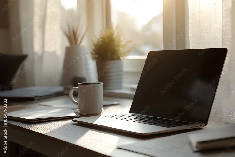 A professional working from home in a neat, organized home office with natural light, laptop, and a coffee mug, dressed in casual business attire. A professional working from home in a neat, organized home office with natural light, laptop, and a coffee mug, dressed in casual business attire.