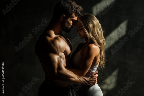 A muscular man embraces a fit woman in an intimate pose, with dramatic lighting highlighting their toned bodies against a dark background