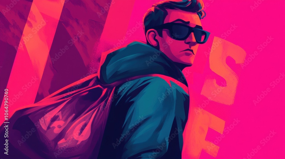 Stylish Young Man with Backpack in Vibrant Colors Stylish Young Man with Backpack in Vibrant Colors