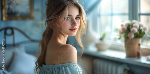 Free Download A woman in her apartment, wearing a cozy and simple dress in a soft pastel blue color. - GFXLoad