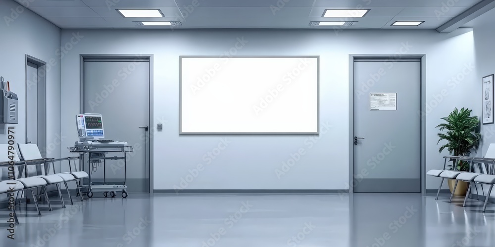 A mockup of an empty white poster on the wall in modern hospital waiting room with comfortable chairs and medical equipment. empty white blank poster on white wall in hospital, white board A mockup of an empty white poster on the wall in modern hospital waiting room with comfortable chairs and medical equipment. empty white blank poster on white wall in hospital, white board