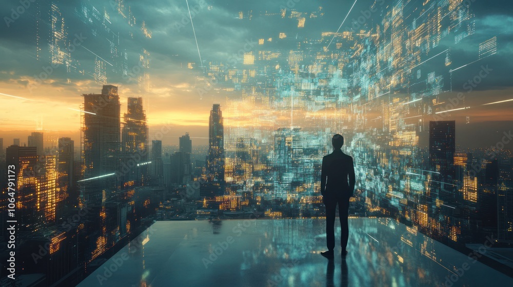 Man Standing In Front Of Digital Data Man Standing In Front Of Digital Data