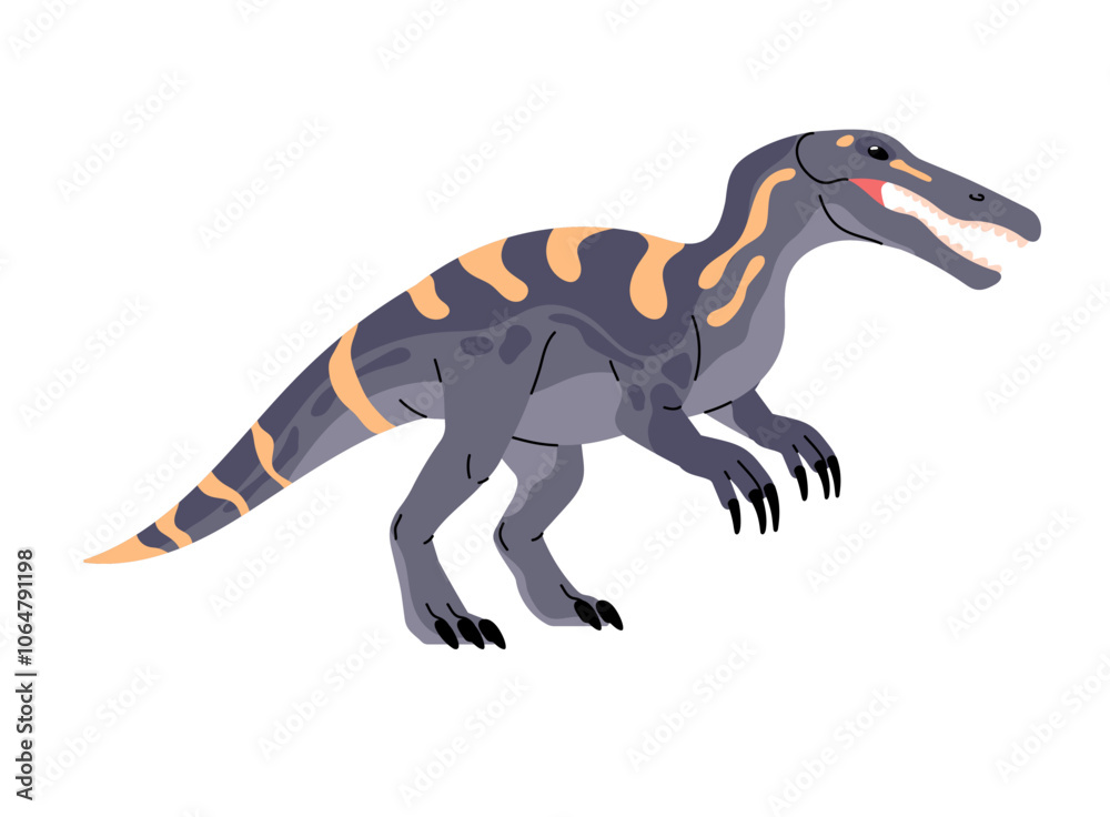 Jurassic dinosaur with open jaw. Carnivorous dino with crocodile head. Suchomimus. Aggressive prehistoric reptile. Dangerous ancient animal. Paleontology. Flat isolated vector illustration on white Jurassic dinosaur with open jaw. Carnivorous dino with crocodile head. Suchomimus. Aggressive prehistoric reptile. Dangerous ancient animal. Paleontology. Flat isolated vector illustration on white