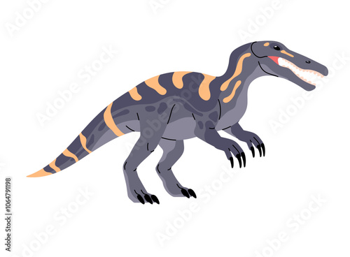 Jurassic dinosaur with open jaw. Carnivorous dino with crocodile head. Suchomimus. Aggressive prehistoric reptile. Dangerous ancient animal. Paleontology. Flat isolated vector illustration on white