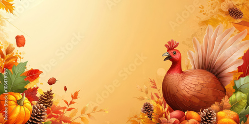 Autumn Still Life: A Cute Cartoon Hen with Pumpkins and Floral Elements, Perfect for Farm-themed Designs and Vintage-style Cards,Thanksgiving Background,Generated By Ai photo