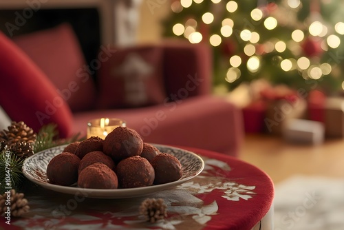 Close-up of chocolate truffles, truffes au chocolat, on a cocoa-dusted plate, set on a Christmas-decorated coffee table. A warm fireplace and lit Christmas tree glow softly photo