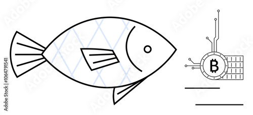 A simple black and white line drawing of a fish next to a Bitcoin symbol integrated with a blockchain design. Ideal for technology, cryptocurrency, blockchain, marine, financial industries