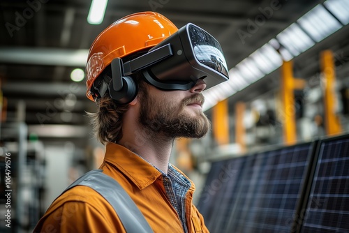 Worker in a modern manufacturing facility using virtual reality technology while wearing safety gear and examining equipment for augmented reality applications photo