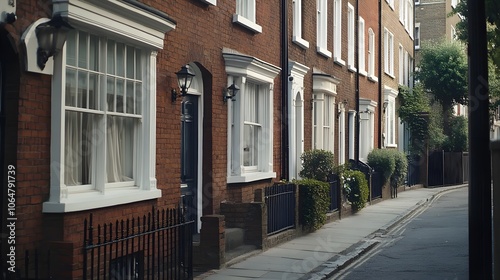 Fototapeta Naklejka Na Ścianę i Meble -  A row of Victorian terrace houses with brick facades, white trims, and small front gardens. Located on a quiet street in London, with traditional lampposts.