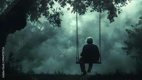 Wallpaper Mural A powerful photography depicting an elderly person sitting alone on a park swing, gazing into the distance with a look of sorrow, symbolizing the weight of memories and the passage of time during mour Torontodigital.ca