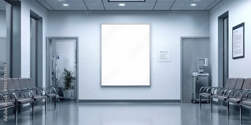 A mockup of an empty white poster on the wall in modern hospital waiting room with comfortable chairs and medical equipment. empty white blank poster on white wall in hospital, white board A mockup of an empty white poster on the wall in modern hospital waiting room with comfortable chairs and medical equipment. empty white blank poster on white wall in hospital, white board