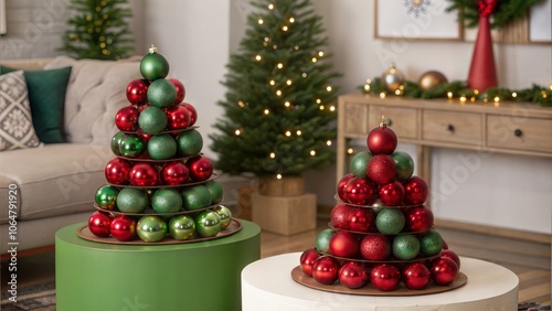 Christmas concept with green and red baubles displayed with two round-shaped podiums. Christmas is annually celebrated with various exciting welcoming activities photo